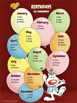 Printable card. Perpetual birthday calendar - Balloons