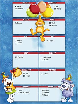 Printable card. Perpetual birthday calendar - Pets