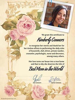 Printable card. Best Mom in the World certificate