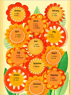 Printable card. Perpetual birthday calendar - Flowers